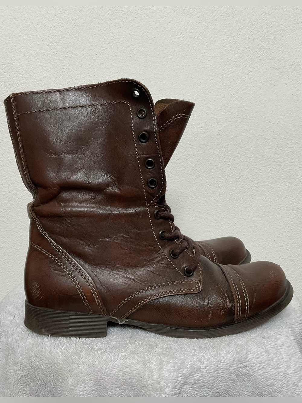 Steve Madden Troopa Brown Leather Lace Up Combat Boots Size 8M Zip Closure